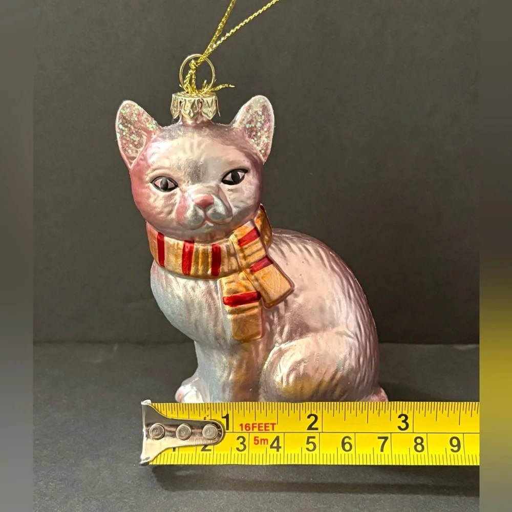 Elegant Pink Iridescent Feline Cat Striped Scarf Blown Glass Ornament Home Decor
